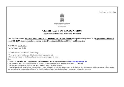 Startup India Recognition