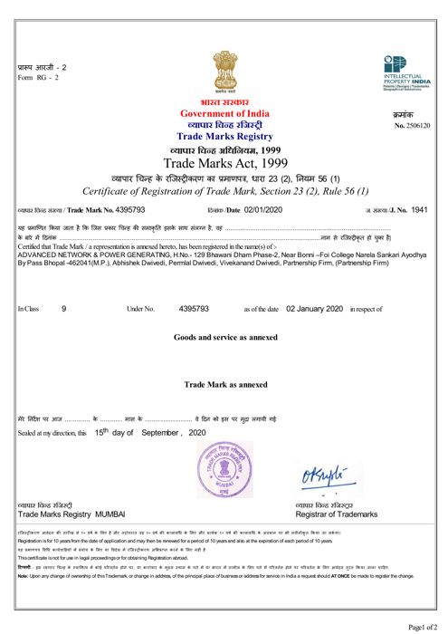 Trade Mark Registration Certificate