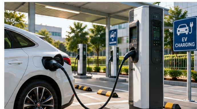 Electric vehicle connected to an EV charging station